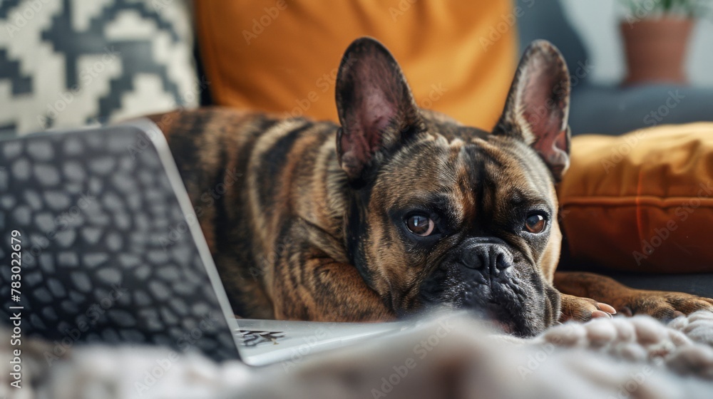 Dog Resting on Couch With Laptop
