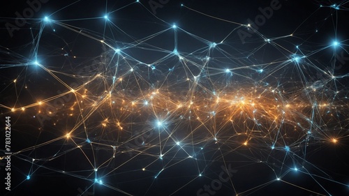 Complex network of illuminated nodes, connecting lines fills space, creating visual representation reminiscent of neural network, constellation of stars. Each node, glowing with intense light. © Tamazina