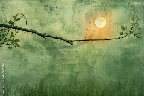 Tree branch on grunge background with full moon and green grass #783022674