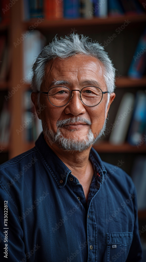 Portrait of a senior man with glasses in a library setting, exuding warmth and wisdom through his expressive smile and thoughtful demeanor during the afternoon light Portrait of a senior man with glasses in a library setting, exuding warmth and wisdom through his expressive smile and thoughtful demeanor during the afternoon light