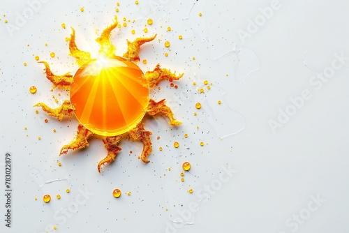 Sun and water splashes on a white background,  Sun and water drops