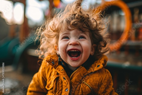 Portrait of a laughing little boy in a yellow jacket on the playground