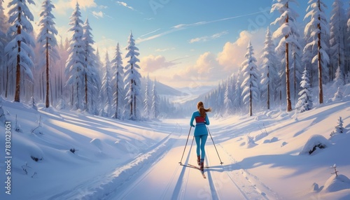 A lone cross-country skier traverses a snow-covered path through a tranquil pine forest bathed in the warm glow of the setting sun.. AI Generation photo