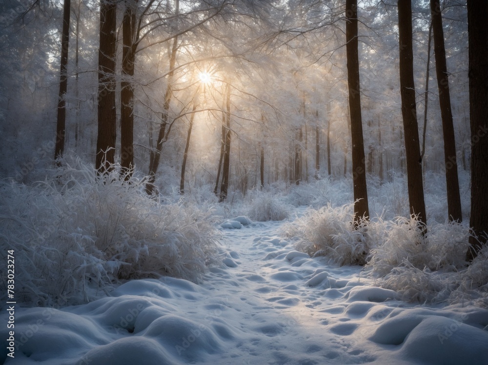 Sunlight pierces through dense forest, casting warm glow that illuminates icy landscape. Frozen ground blanketed in snow, with each flake glistening like jewel under radiant beams of light. Sunlight pierces through dense forest, casting warm glow that illuminates icy landscape. Frozen ground blanketed in snow, with each flake glistening like jewel under radiant beams of light.