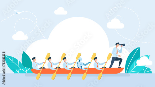The robot collaborates with a team of people wheel bringing business people team to success. A man leads a team of humans and artificial intelligence aboard a boat. Vector illustration