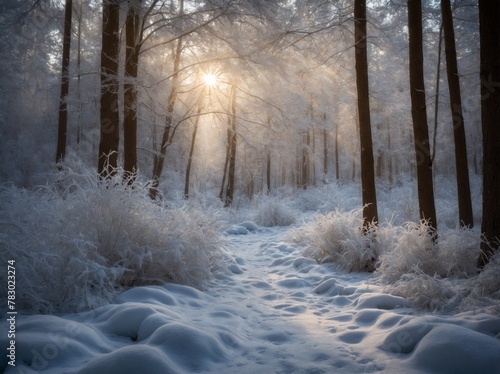 Sunlight pierces through dense forest, casting warm glow that illuminates icy landscape. Frozen ground blanketed in snow, with each flake glistening like jewel under radiant beams of light.