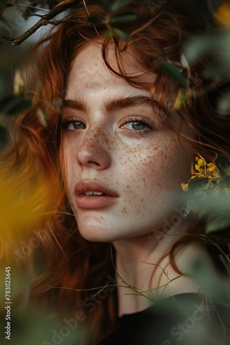 Portrait of beautiful redhead girl with freckles and freckles