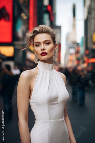 Model poses elegantly in a chic white dress on a bustling Times Square street during twilight