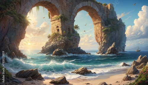 An idyllic coastal scene depicts a monumental stone archway on a cliff, enveloping a serene beach with waves gently lapping at the shore, conveying a sense of timeless beauty and natural grandeur.. AI photo