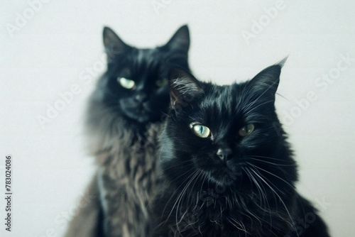 Two black cat with green eyes on a white background, Close-up