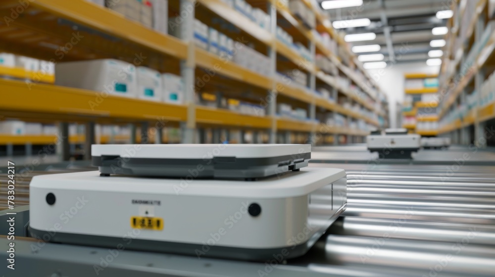 Obraz premium Efficient, robot-assisted medication sorting and packaging in a cutting-edge pharmacy warehouse