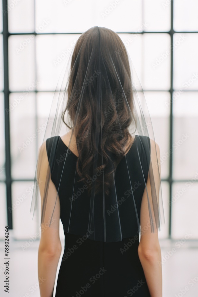 A woman in a black dress with a flowing veil stands with her back to a bright window, capturing the serene atmosphere of a bridal moment in a contemporary setting A woman in a black dress with a flowing veil stands with her back to a bright window, capturing the serene atmosphere of a bridal moment in a contemporary setting