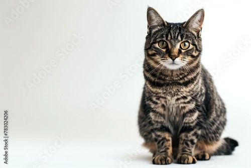 Beautiful tabby cat sitting on white background with copy space