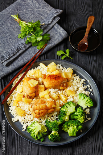 chicken thighs with pineapple, rice and broccoli © myviewpoint