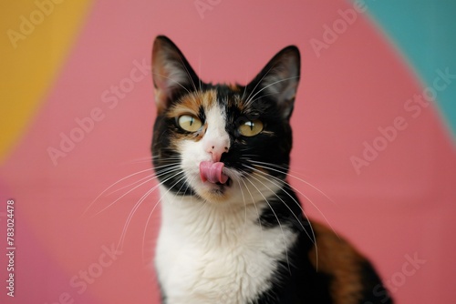 Tricolor cat sticking out her tongue on a pink background