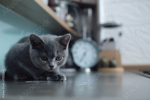 Cute grey kitten sitting on the kitchen table with a clock in the background
