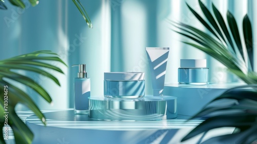 This is a 3d blue minimal skincare kit ad template. Product mock-ups are displayed on glass stages with wavy shapes dividers and palm leaves.