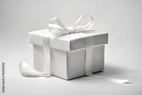 Motion blur photo of ceramic gift box white with white ribbon floating on white background photo