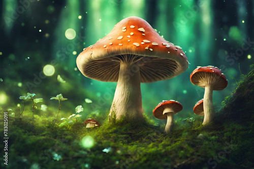 Magical fantasy mushrooms in enchanted fairy tale dreamy elf forest with green flower on mysterious background