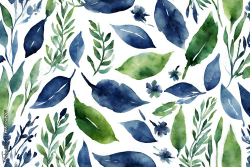 indigo and green watercolor floral leaves seamless print pattern