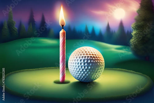golf ball on a tee with a birthday candle stuck into the golf ball, as if it's being used as a birthday cake photo