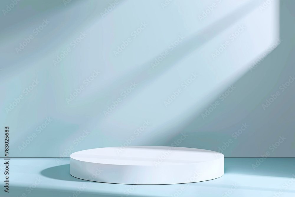 With spotlights highlighting the scene, a studio template presents a white round pedestal against a light blue backdrop, offering an empty podium ideal for product advertising in a 3D rendering With spotlights highlighting the scene, a studio template presents a white round pedestal against a light blue backdrop, offering an empty podium ideal for product advertising in a 3D rendering