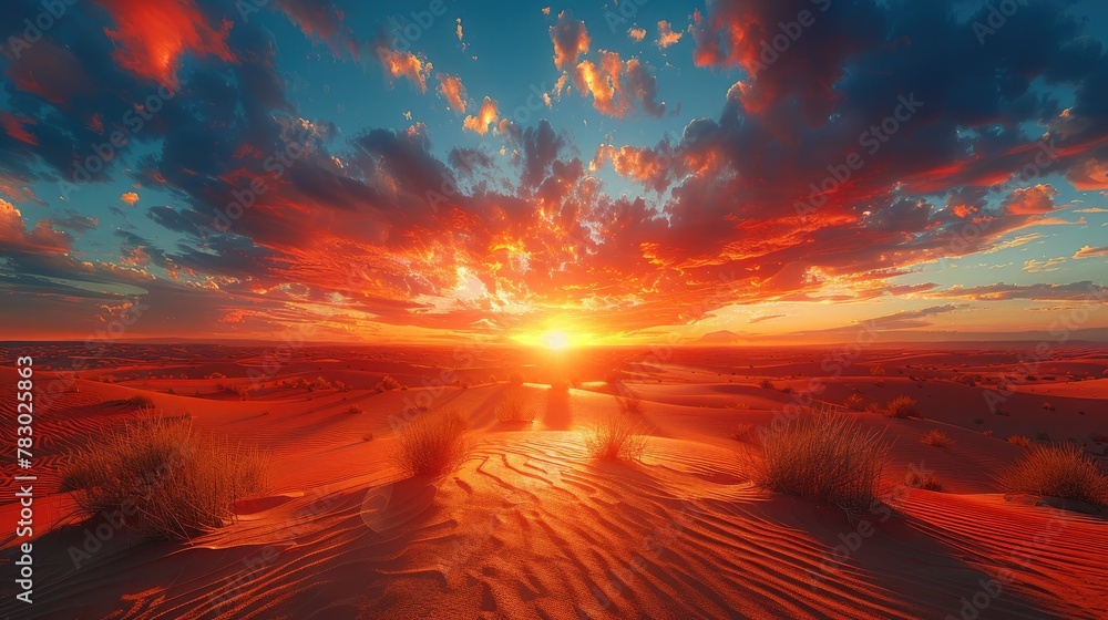 Dramatic Sunset Over Desert, Casting Fiery Hues Across Rolling Sand Dunes.