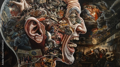 wimmelbilder illustration of a detailed cutaway a angry mans head, filled with political images insanely detailed and hyper-realistic. photo