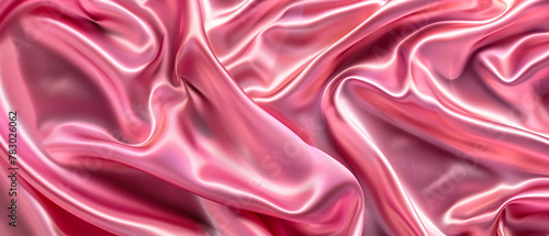 Close up of pink silk satin shiny fabric texture as background. Silky cloth curtain texture.