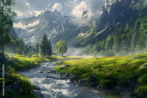 A serene mountain landscape with a flowing stream, vibrant wildflowers, and sunlit misty peaks. photo