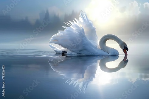 Fototapeta Naklejka Na Ścianę i Meble -  Elegant white swan on a calm lake grace and beauty