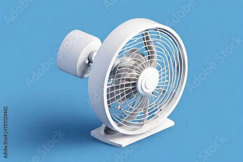 Cute isometric 3D image of oscillating white fan in front a blue background