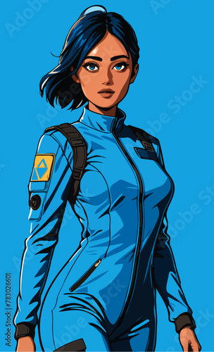 girl in blue jumpsuit