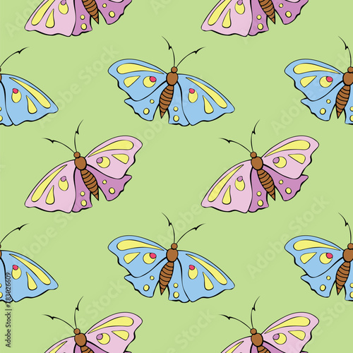 Vector seamless pattern of pink and blue cute butterflies in flat style. Cute cartoon beautiful insects. Texture on theme of nature, spring, summer, children print, isolated