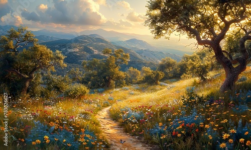 A landscape with forest trees, paths, and flowers against a blue sky with clouds on a clear day