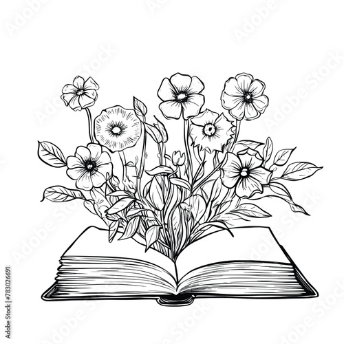 Book With Flowers Line Art
