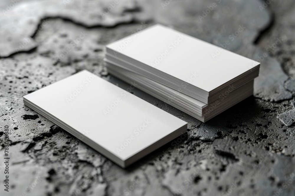 Blank business cards stacked on a textured dark surface ready for customization, highlighting potential design options for networking or branding Blank business cards stacked on a textured dark surface ready for customization, highlighting potential design options for networking or branding