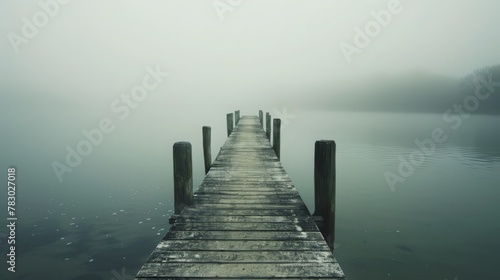 A foggy day at a pier with a wooden bridge