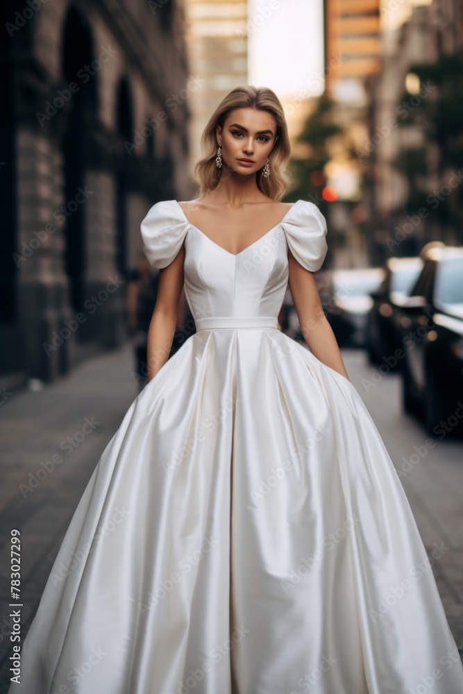 Naklejka premium Elegant bride in a stunning white gown strolls confidently down a city street, showcasing her beauty against a backdrop of modern architecture during golden hour