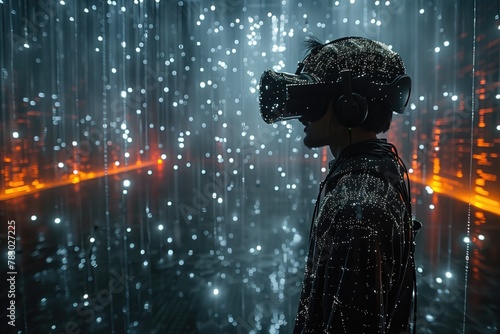 person wearing a virtual reality headset is depicted exploring a virtual environment where massive amounts of data are visualized in three-dimensional space 