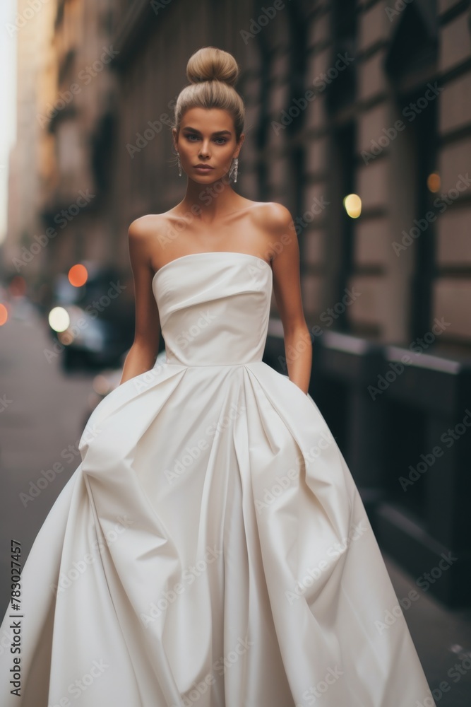 Naklejka premium bride wearing a minimalistic puffy in the street 