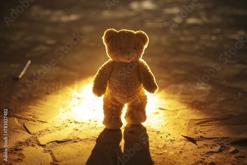 Teddy bear on the sand in the rays of the setting sun