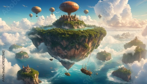 A majestic floating island with a kingdom atop, surrounded by smaller isles and ethereal clouds under a soft sky.. AI Generation photo