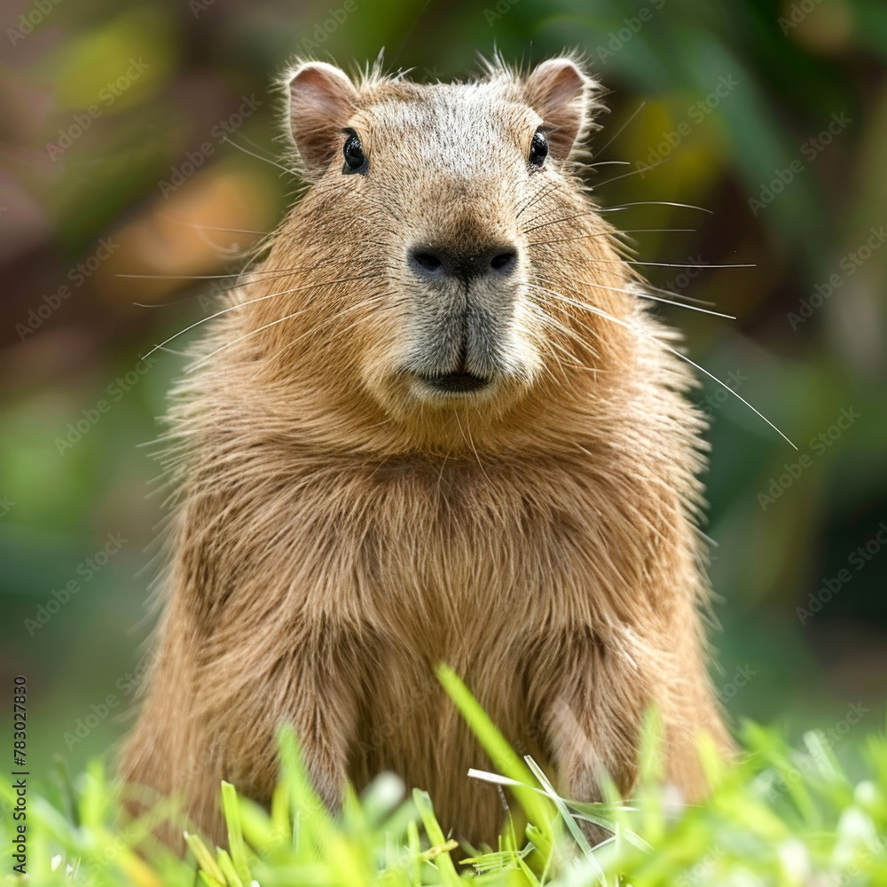 A curious capybara sits attentively in lush green grass, showcasing its intriguing facial features in a peaceful, natural setting during a sunny day