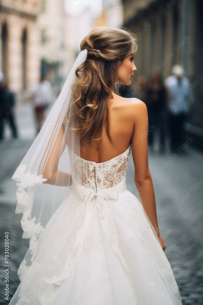 A bride in a stunning white dress walks down a historic cobblestone street on her wedding day, surrounded by elegant architecture and distant guests enjoying the joyous occasion A bride in a stunning white dress walks down a historic cobblestone street on her wedding day, surrounded by elegant architecture and distant guests enjoying the joyous occasion