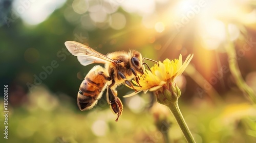 Against the backdrop of a sunny meadow, a honey bee dances in mid-air, drawn irresistibly to the sweet fragrance of a blooming flower. photo