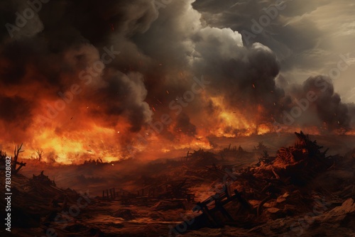 A battlefield with billowing smoke and debris
