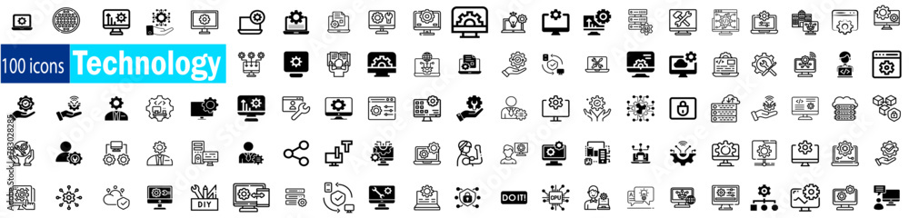 Technology icon set. 100 Information Technology icons isolated on white background. network security, search, internet, ecommerce, social media, computer. Big set Icons collection