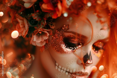 Close-up portrait of a beautiful girl with sugar skull makeup, Fashion shot
