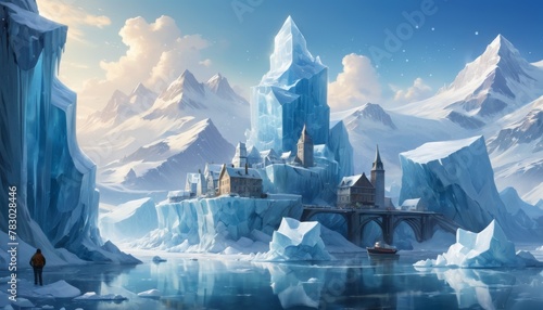 A solitary figure stands before an imposing ice fortress with towering crystal formations and an icy bridge under a frosty sky.. AI Generation